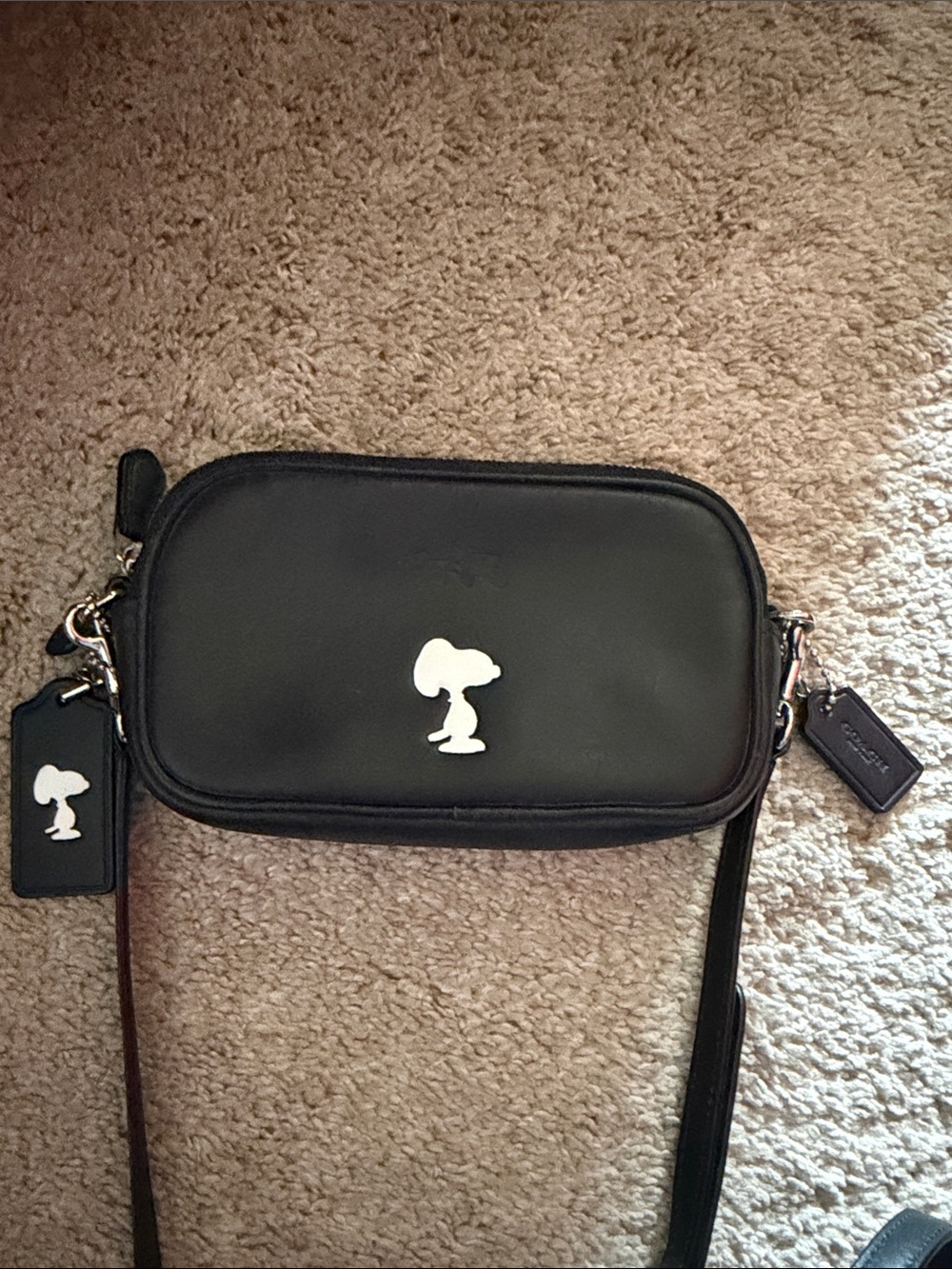 Coach Black Leather Crossbody with White Snoopy Accent